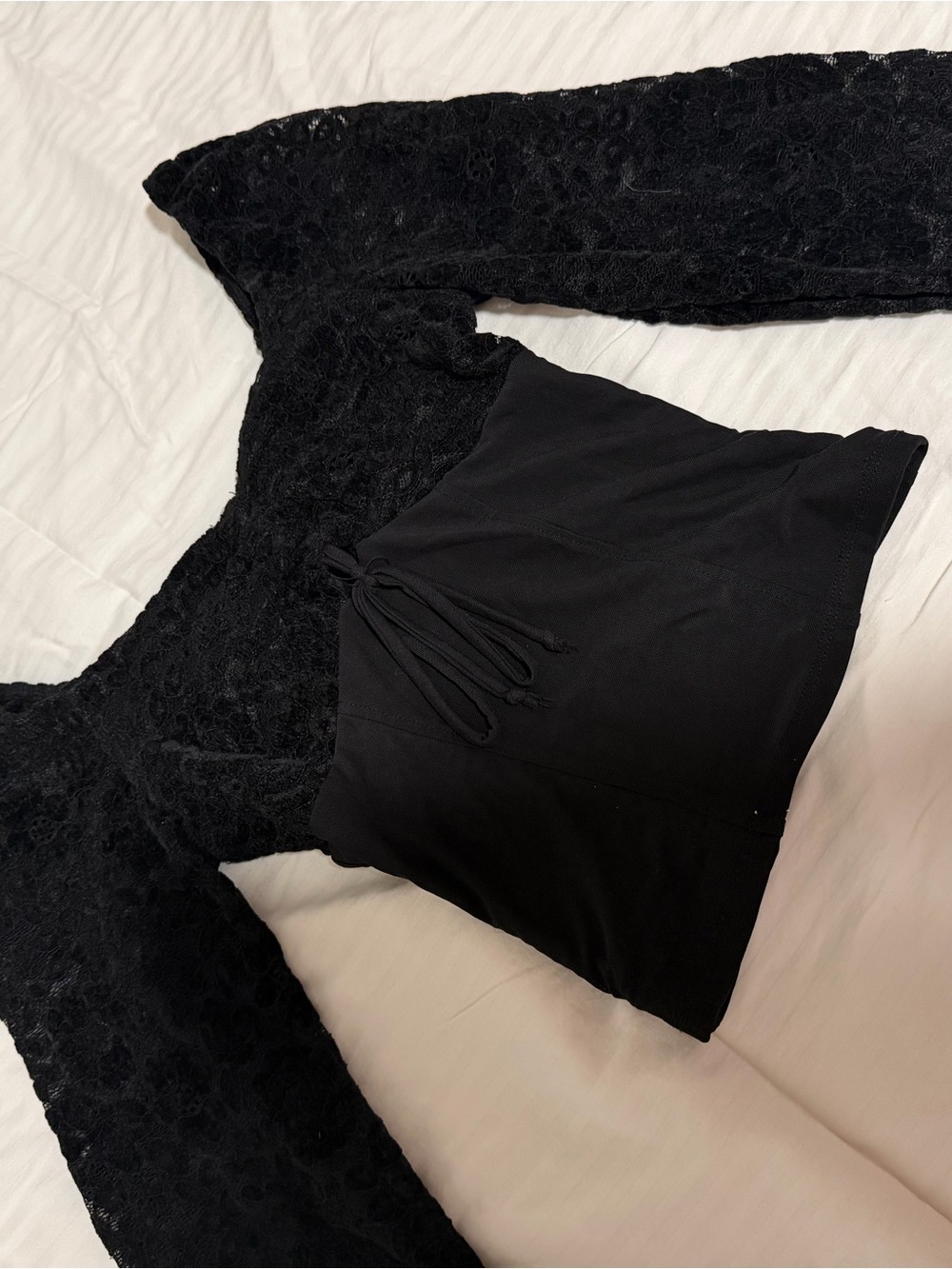 Black Lace Long-Sleeve Crop Top with Tie Front